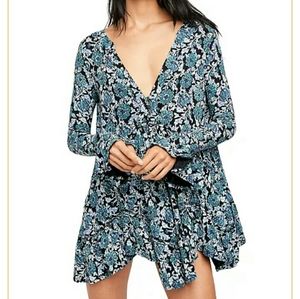 Free People Blue and Black Floral Top